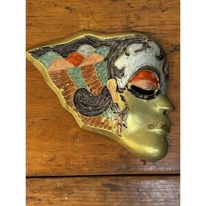 Vtg Solid Brass Mardi Grad Styled Enameled Colored Mask Wall Hanger Made India
